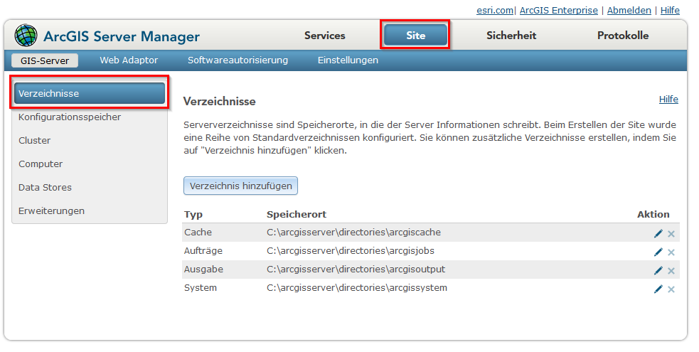 ArcGIS Server Verzeichnisse überprüfen