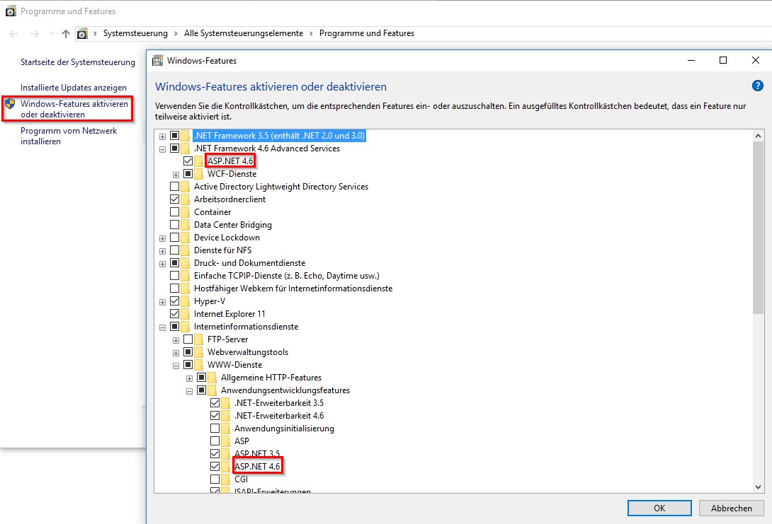 Vorausgesetzte IIS Komponenten für WebOffice usermanagement
