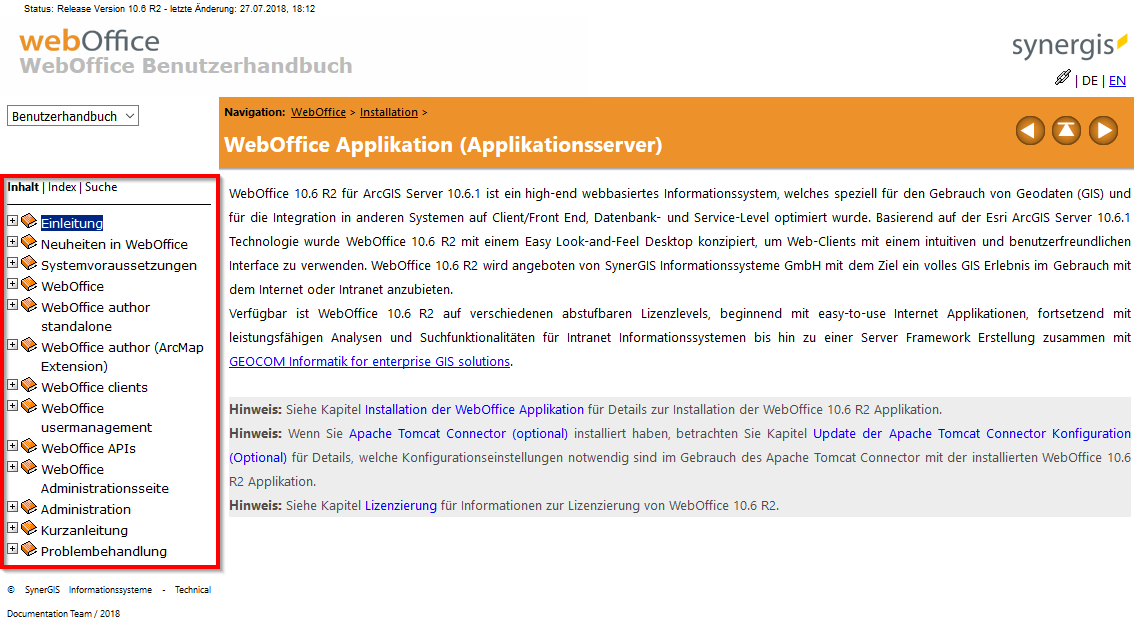 Inhalt - Themenbaum der Onlinehilfe