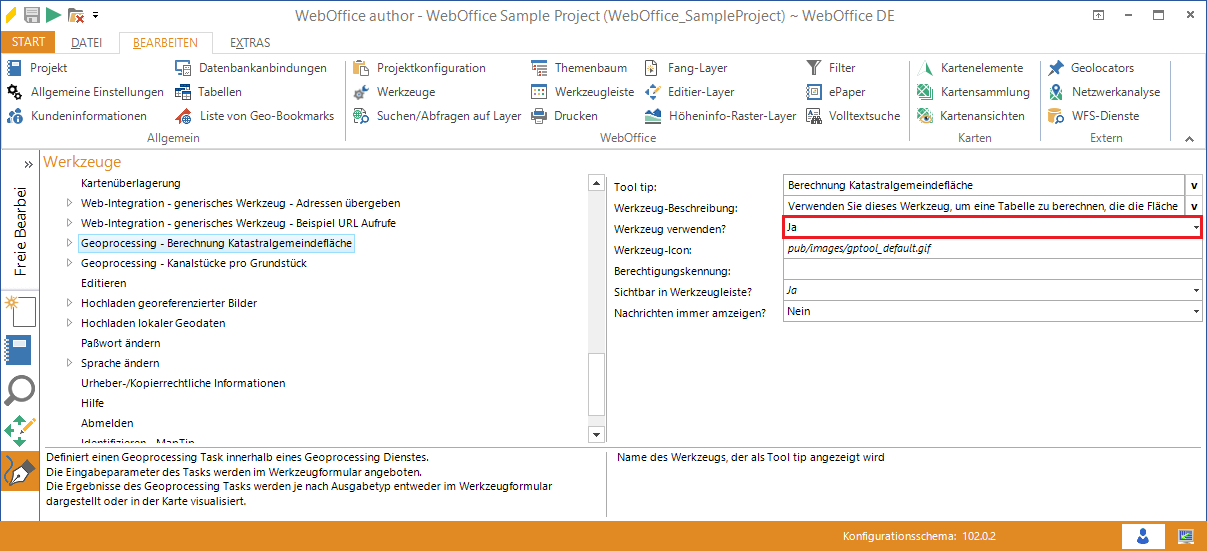 Aktivieren des Geoprocessing - Berechnung Katastralgemeindefläche Werkzeuges im WebOffice author
