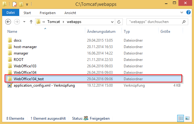 Kopieren eines vorhandenen WebOffice 10.7 SP1 Applikationsverzeichnisses und Umbenennung des Verzeichnisses 