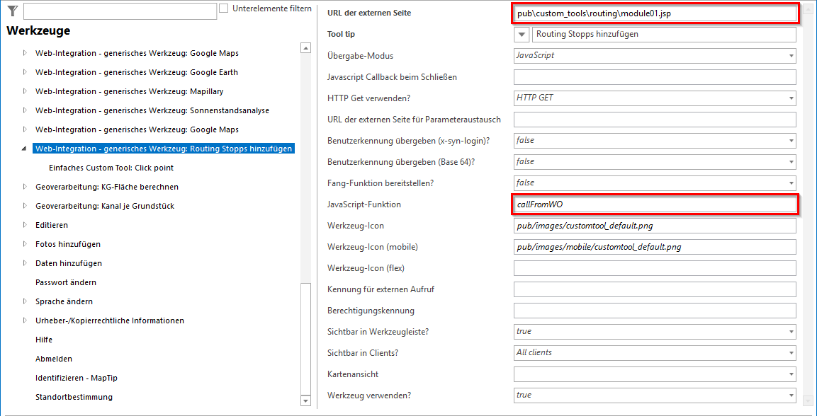 Konfiguration Custom Tool für Routing Stops
