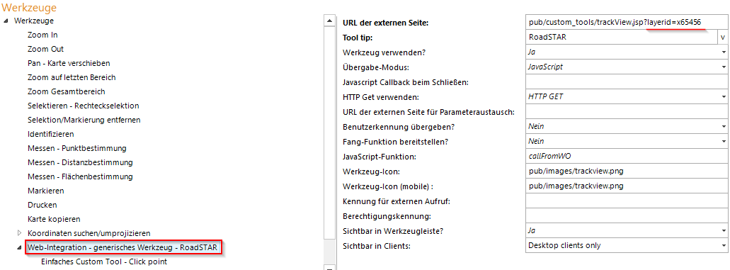 Konfiguration des Custom Tool zum Aufruf von Befahrungsvideos