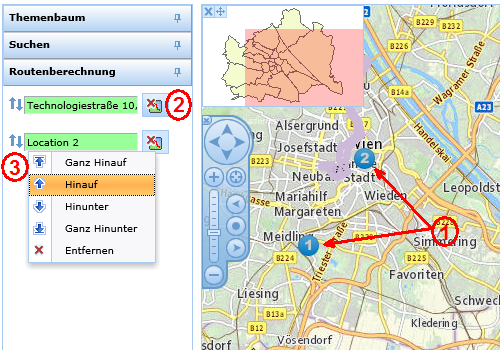 (1) - Gefundene Ziele in der Karte (2) - Button zum Löschen einzelner Ziele (3) - Button zum Ändern der Reihenfolge einzelner Ziele