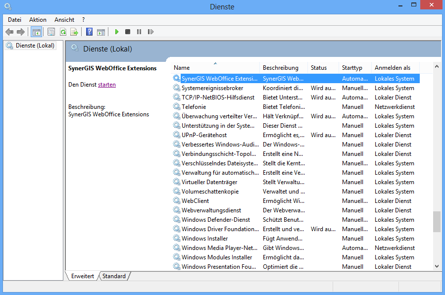 Gestoppter VertiGIS WebOffice Extensions Service Gestoppter VertiGIS WebOffice Extensions Service