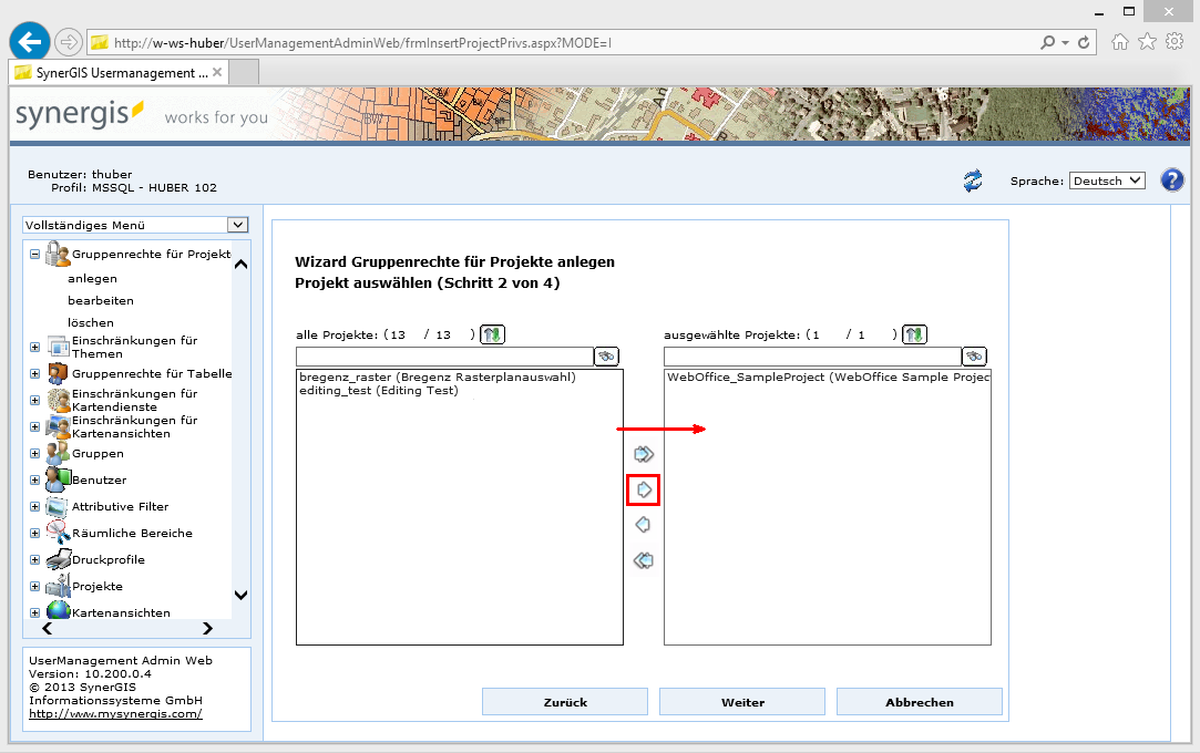 Gruppenrechte für Projekte anlegen - Schritt 2 Projekt(e) auswählen
