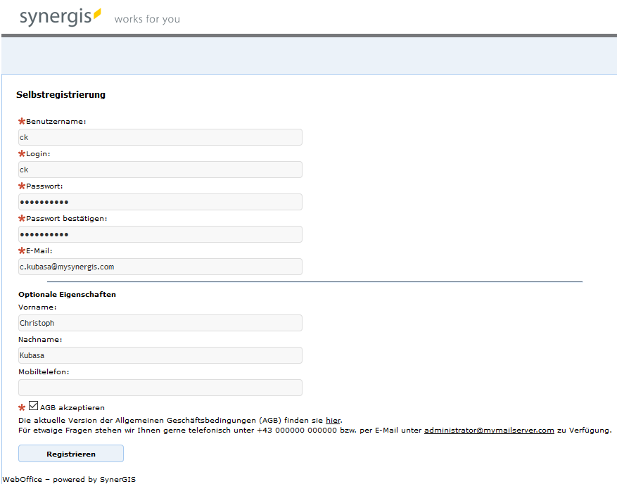 Selbstregistrierungsseite