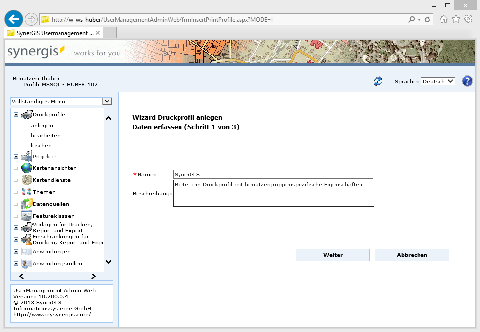 Druckprofil anlegen - Schritt 1