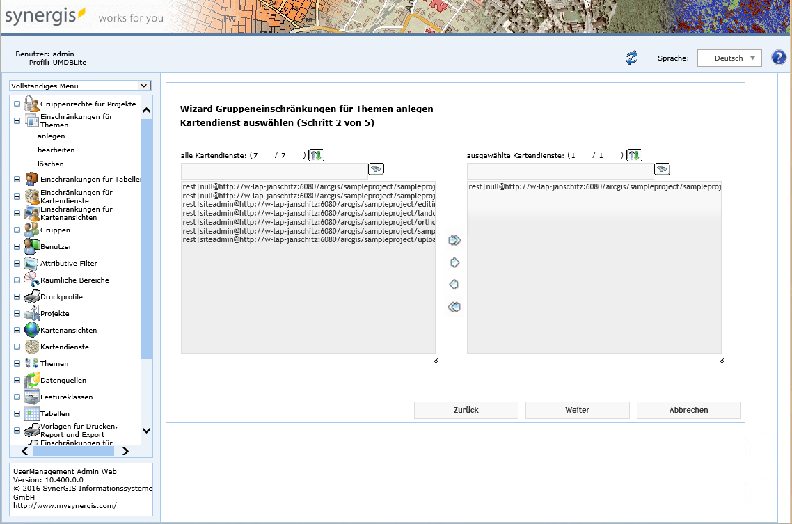 Anlegen Gruppeneinschränkungen für Themen - Schritt 2 Kartendienst auswählen