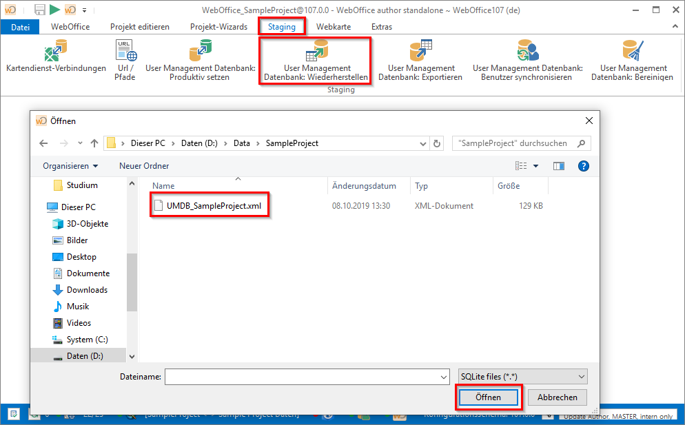 User Management Datenbank: Wiederherstellen im WebOffice author standalone