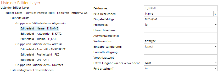 Konfiguration des Editierfeld innerhalb einer Gruppe von Editierfeldern