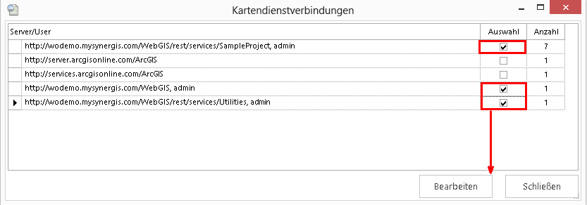 Auswahl von Kartendienstverbindungen um diese zu ändern