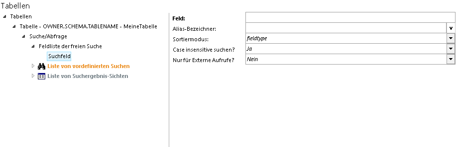 Feldliste der freien Suche und Suchfeld