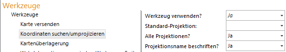Koordinaten suchen/umprojizieren Werkzeug Konfiguration