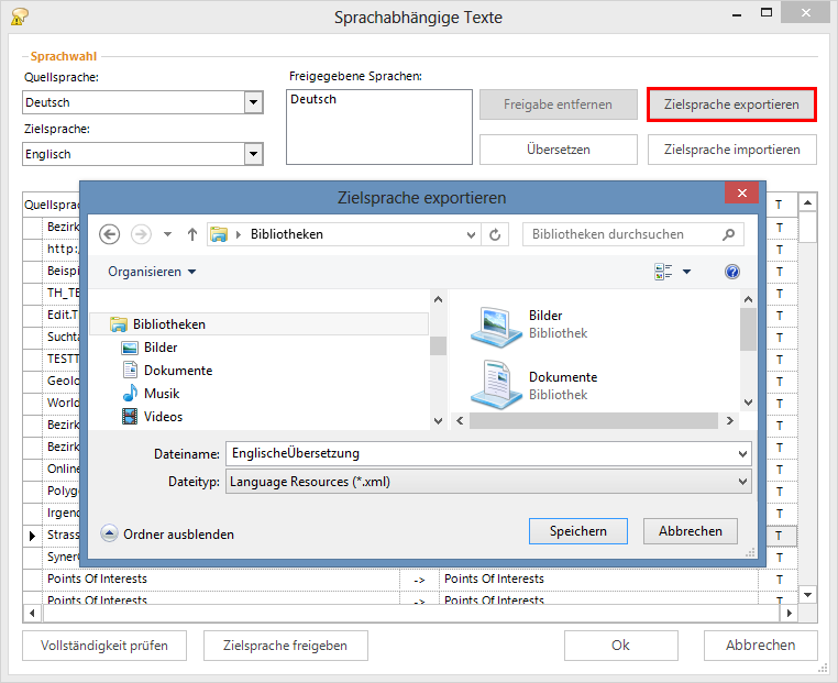 Zielsprache exportieren