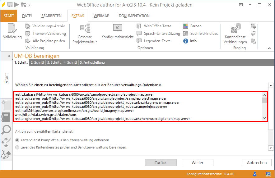 Auswahl des zu bereinigenden Kartendienstes