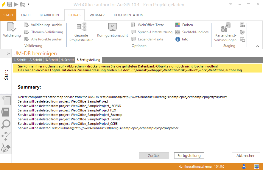 Zusammenfassung des Wizards zur Aktion "Kartendienst komplett aus Benutzerverwaltung entfernen"
