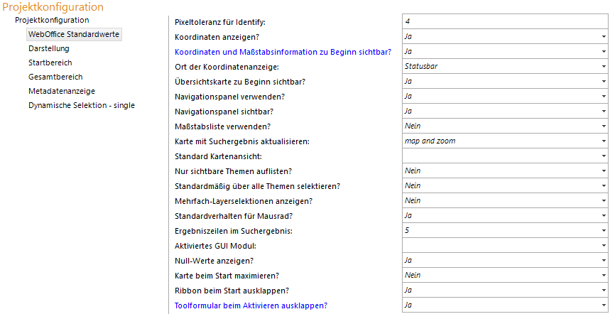 WebOffice Standardwerte