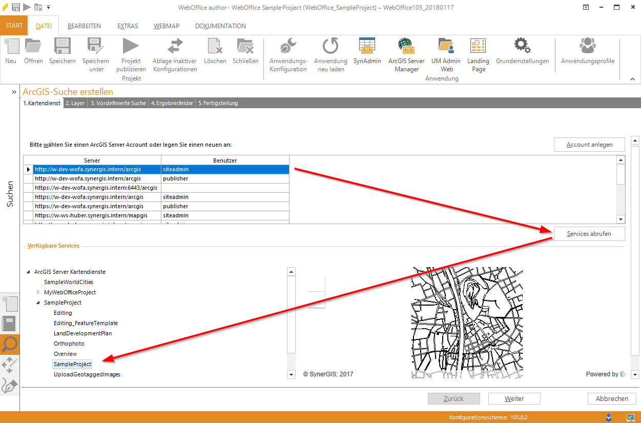 Assistent "ArcGIS-Suche erstellen" - Kartendienst auswählen