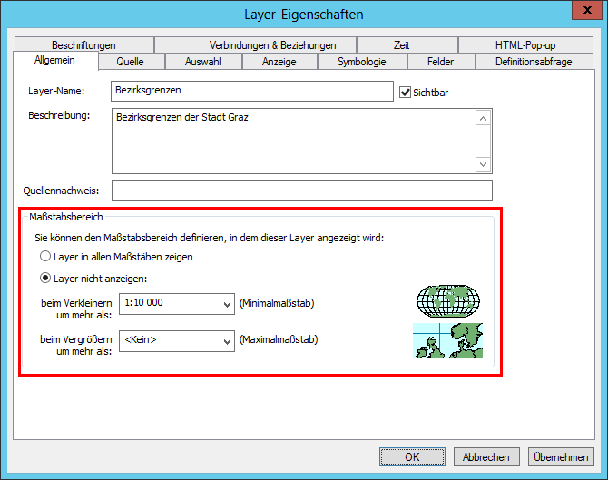 ArcMap Layer-Eigeschaften - Maßstabsbereich
