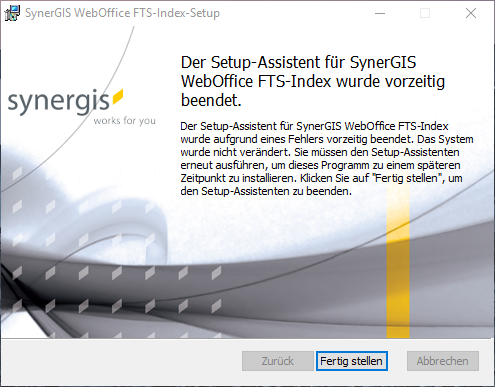 Deinstallation-Setup von SynerGIS WebOffice FTS-Index schlägt fehl Deinstallation-Setup von SynerGIS WebOffice FTS-Index schlägt fehl