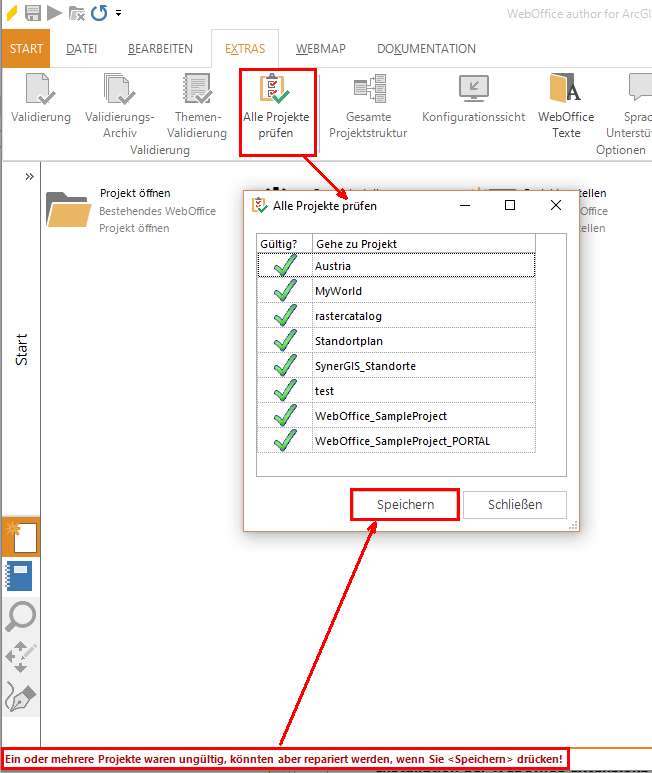 Alle Projekte auf Gültigkeit prüfen - Reparieren mittels "Speichern"