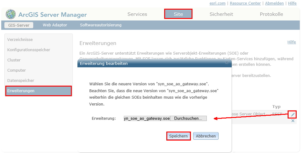 Aktualisieren der Server Object Extension (SOE) im ArcGIS Server Manager