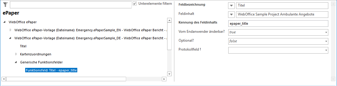 Angabe der Kennung des Feldinhaltes eines Funktionsfeldes (hier: Funktionsfeld Titel)
