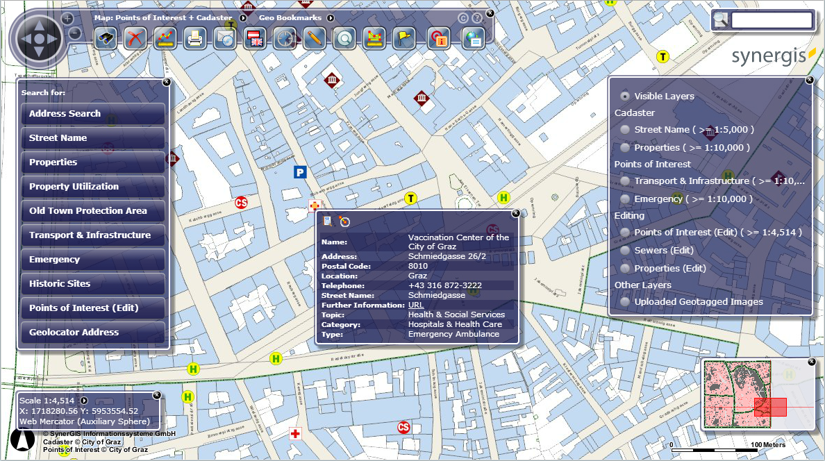 MapTip result in the WebOffice flex (flash) client with link, ePaper and neighbor search