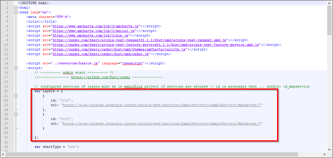 Change the parameters id and URL for the variable layers. It is important that the layer ID - in this case"/7" - is appended after the URL. Change the parameters id and URL for the variable layers. It is important that the layer ID - in this case"/7" - is appended after the URL.