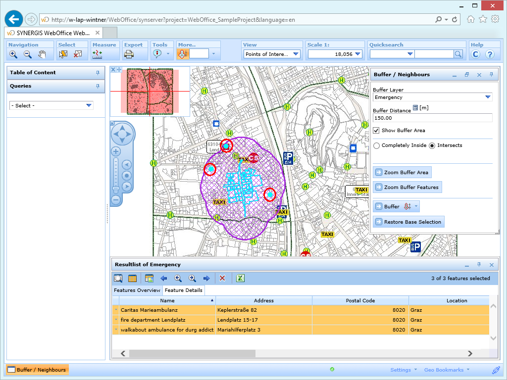 Result of the buffer operation with three features at least intersecting the buffer area Result of the buffer operation with three features at least intersecting the buffer area