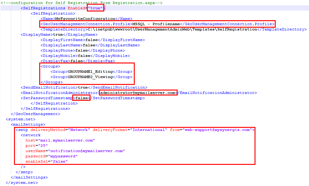 Configuration for self registration form in file 'web.config' Configuration for self registration form in file 'web.config'