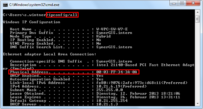 Using command ipconfig /all