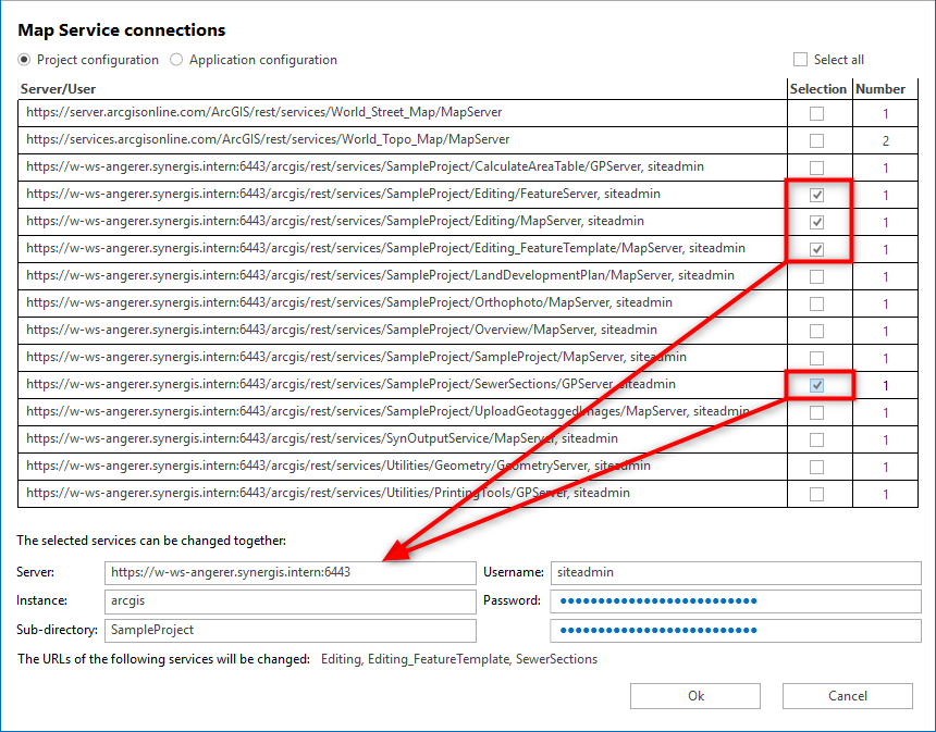 Selecting map service connections to be changed