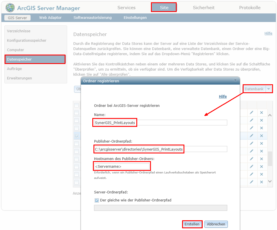 Alternative: Register the Folder "SynerGIS_PrintLayouts" via ArcGIS Server Manager