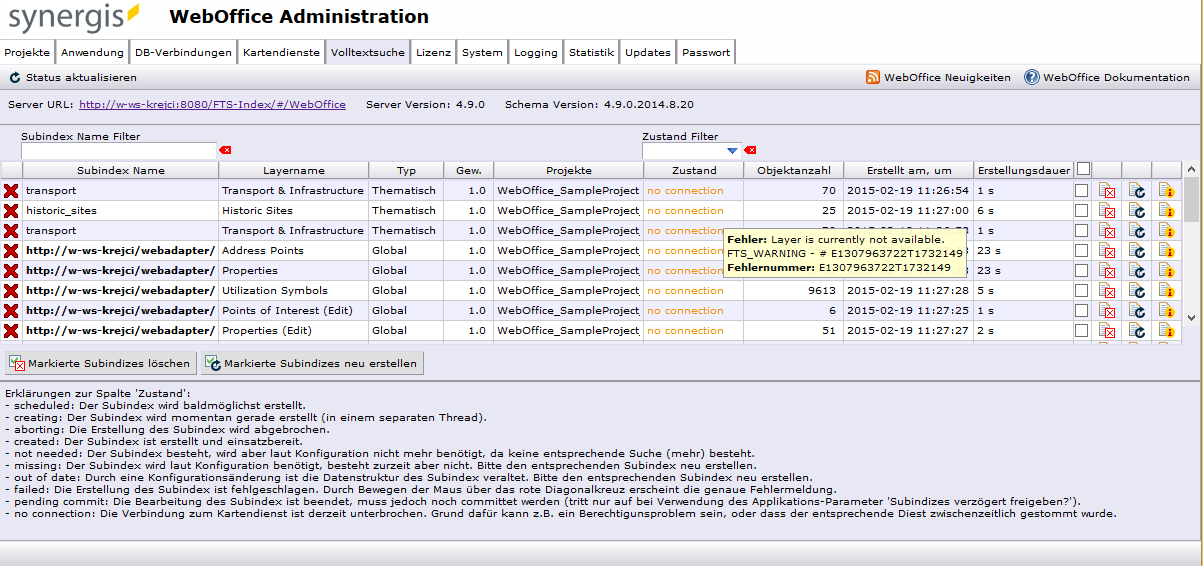 Darstellung des Zustand "no connection" im SynAdmin