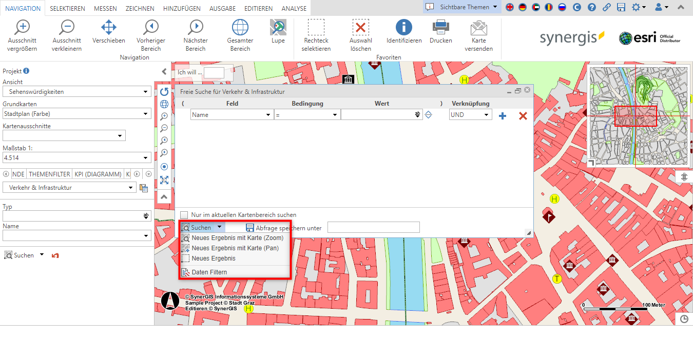 Auswahl aus einer der vier Suchtypen im Abfragegenerator des WebOffice core Clients