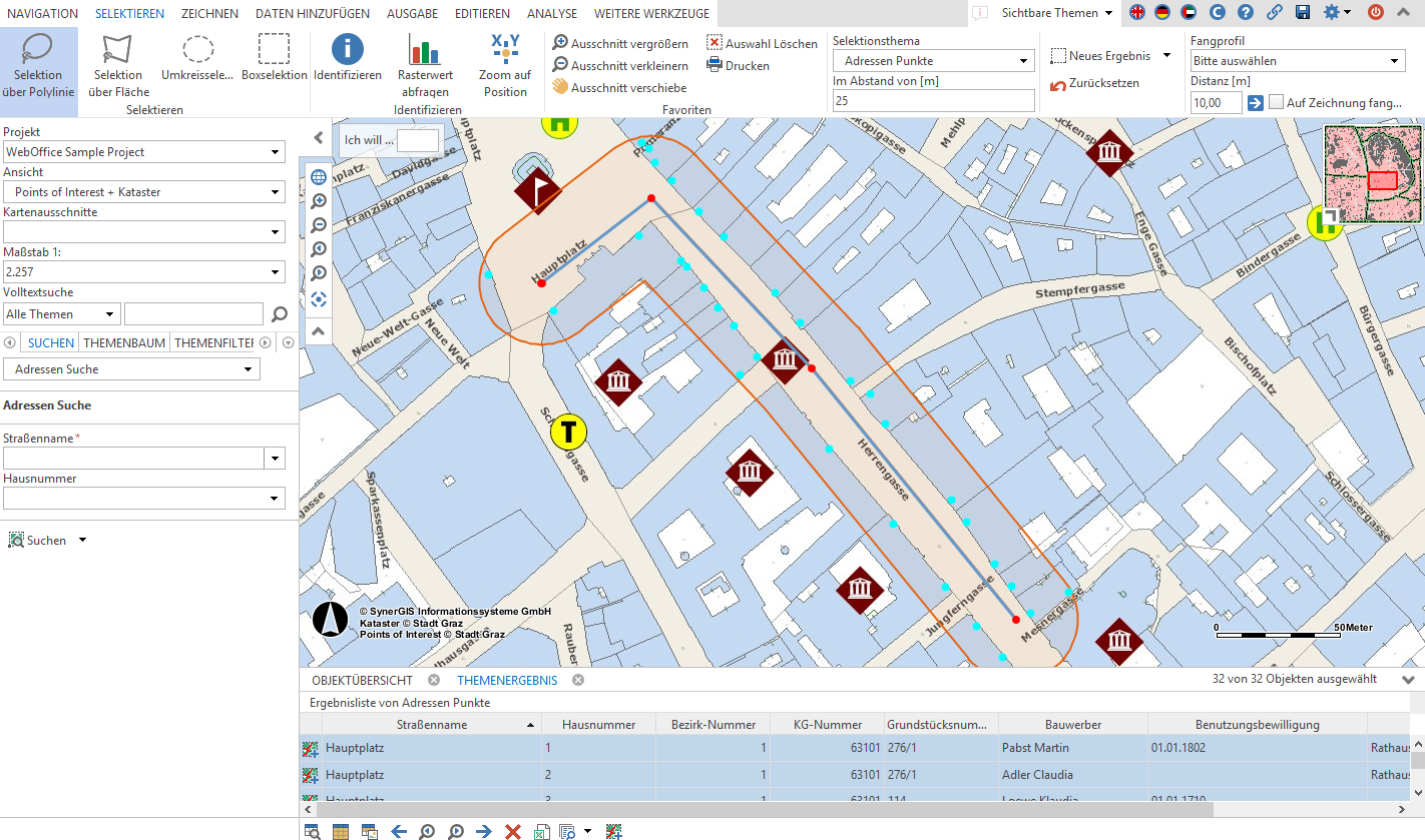 Auswahl von Objekten mit dem Werkzeug Selektion über Polyline durch Benutzung der Pufferdistanz im WebOffice core Client