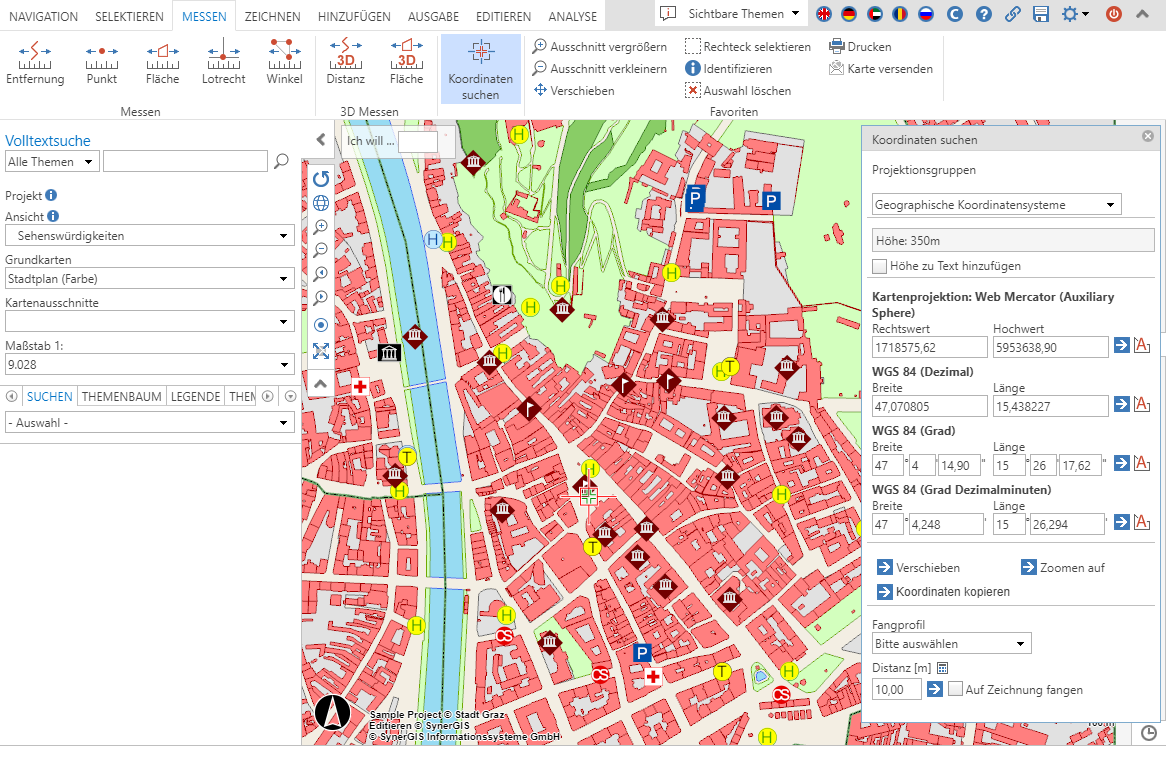 Anzeige bzw. Verschieben der Koordinaten durch Klick in Karte mit dem Werkzeug Zoom auf Position im WebOffice core Client