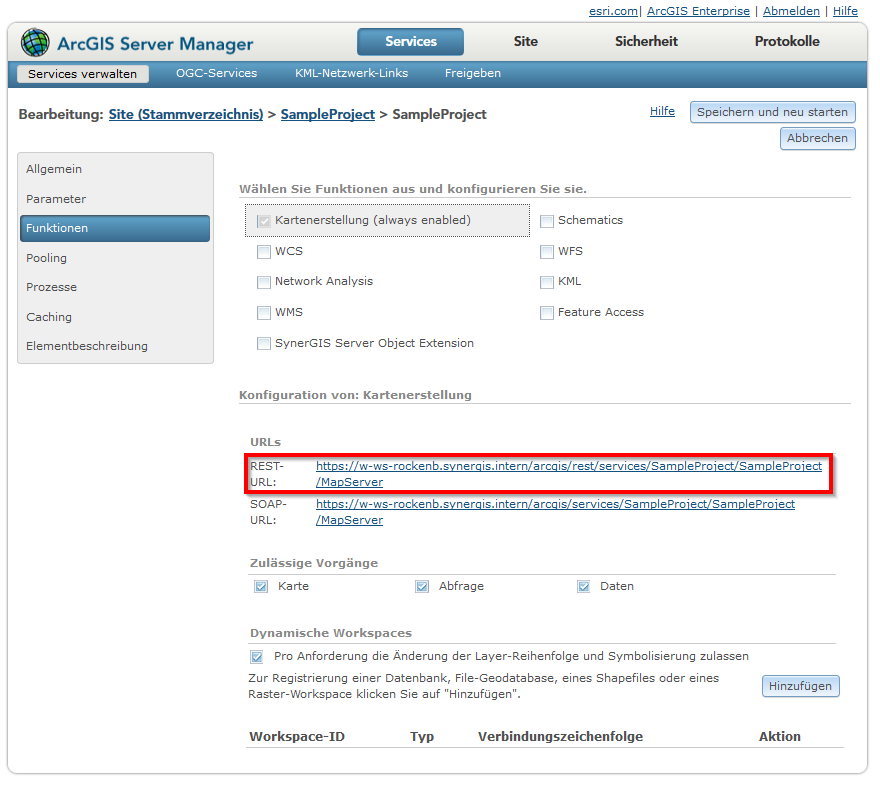 REST-URL: Im ArcGIS Server Manager finden Sie die jeweilige REST-URL. Durch Klick auf die REST-URL gelangen Sie zur Auflistung der Layer-IDs.