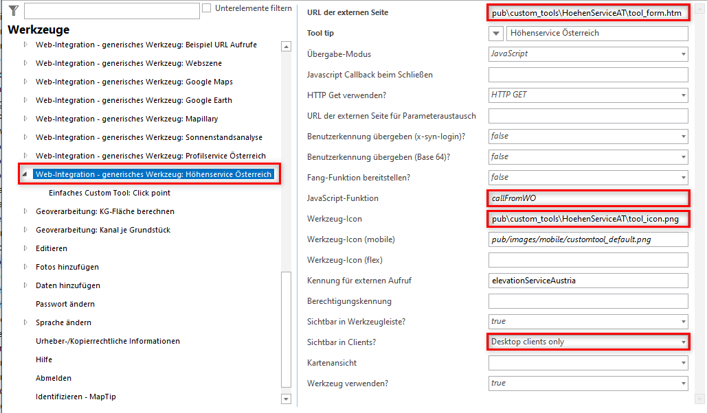 Konfiguration eines generischen Werkzeuges für das Höhenservice Österreich