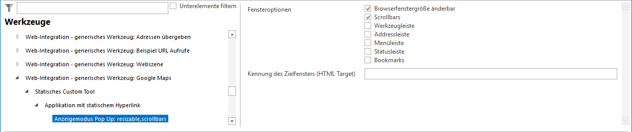 Konfiguration des Anzeigemodus Pop Up für den Google Maps © Aufruf