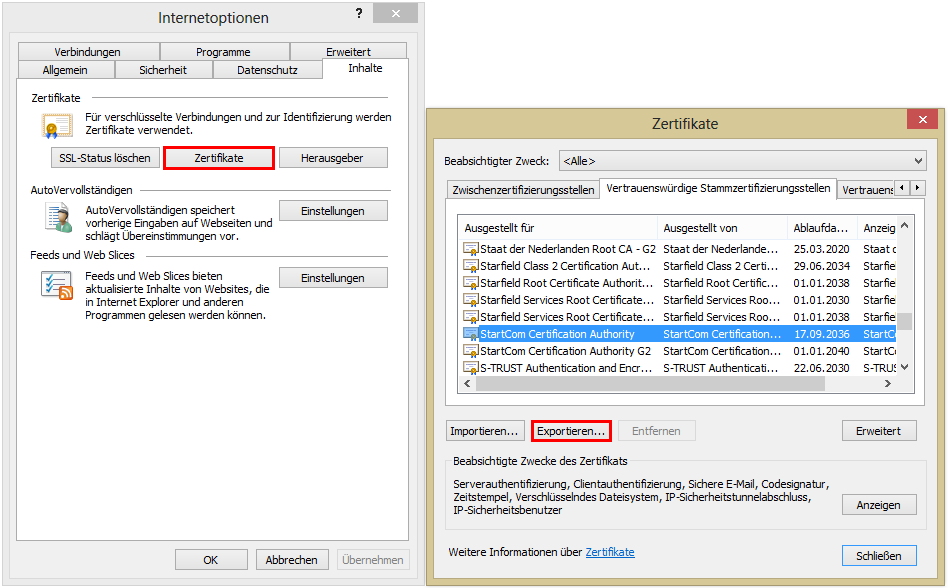 Zertifikat exportieren in Internet Explorer