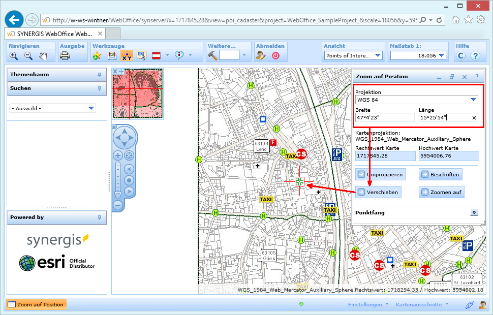 Suche nach und Pannen auf eine Position durch Eingabe der Koordinaten im WebOffice html Client