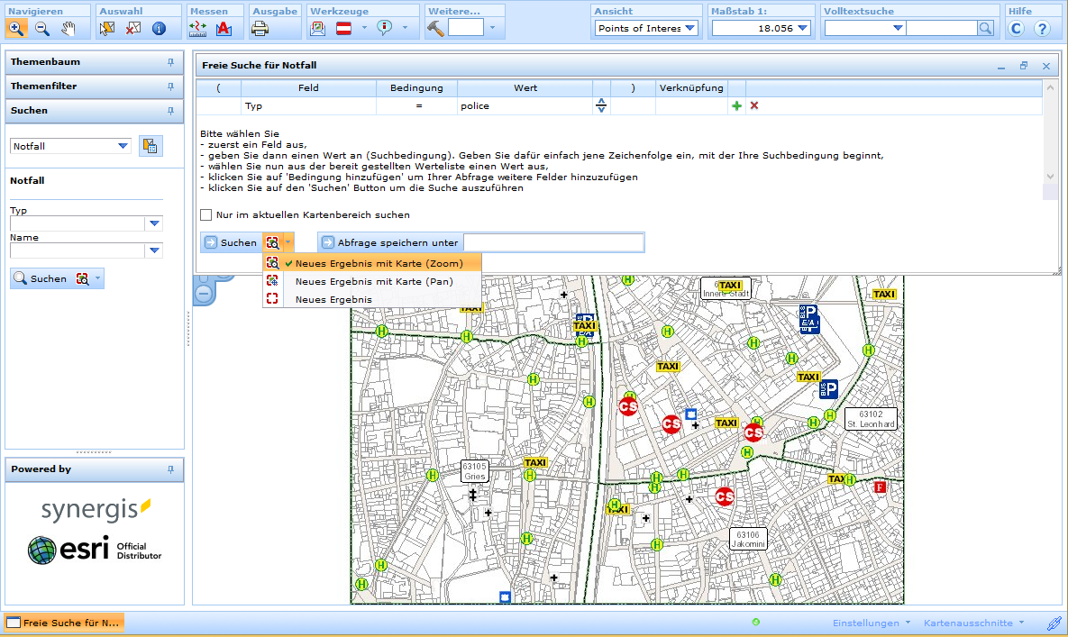 Auswahl aus einer der vier Suchtypen im Abfragegenerator des WebOffice html Clients