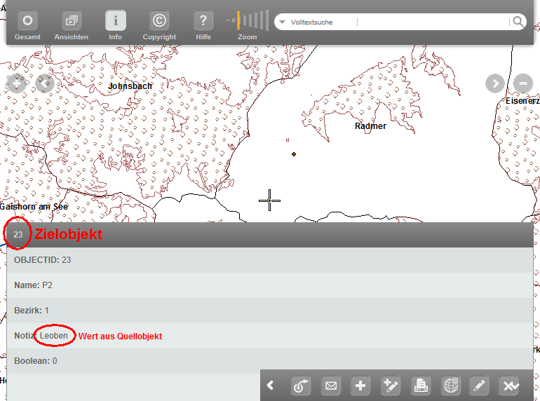 Ein Wert 'Leoben' aus dem Quellobjekt wird dem Zielobjekt in das Feld 'Notiz' zugewiesen