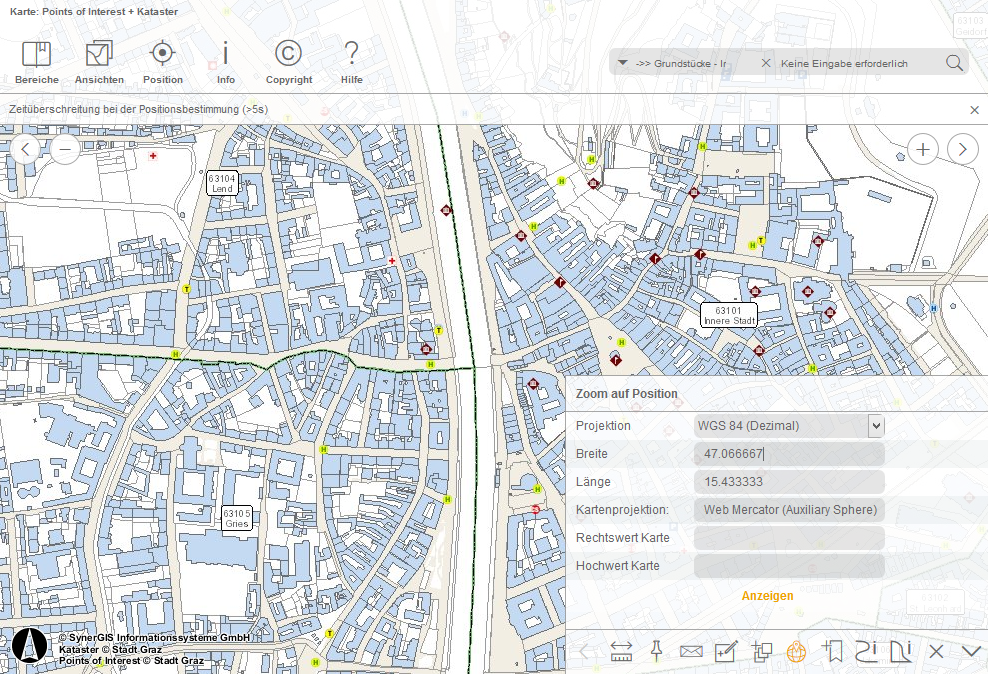 Suche eines Koordinatenpaares im WebOffice mobile client - Tablet Modus