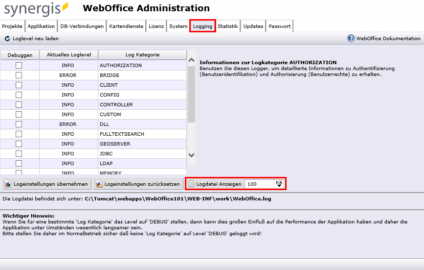 WebOffice 10.8 SP2 Administrationsseiten - Logging