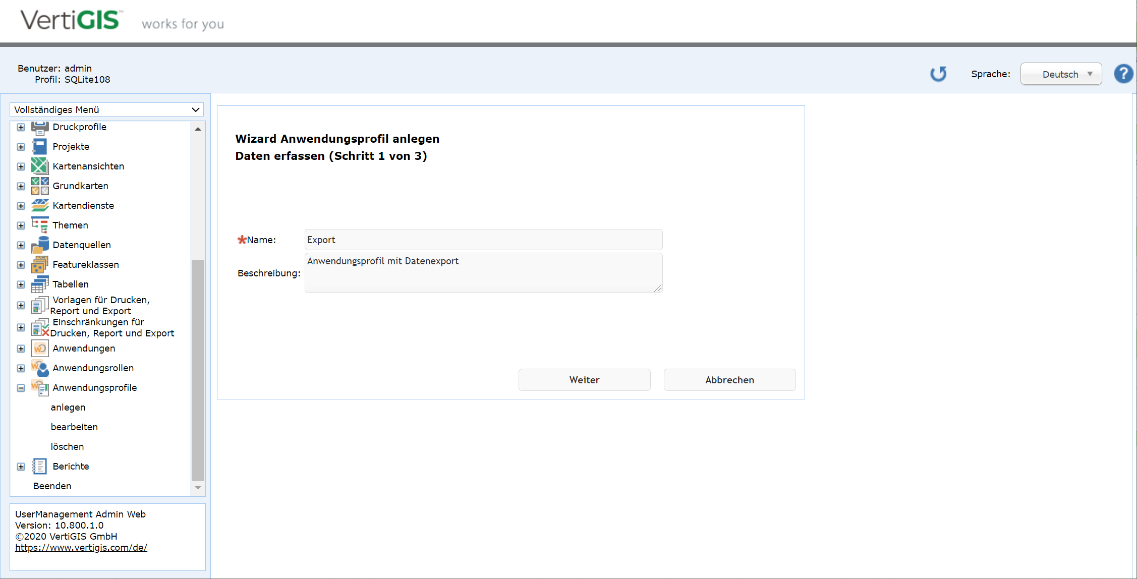 Anwendungsprofil anlegen - Schritt 1 Anwendungsprofil anlegen - Schritt 1