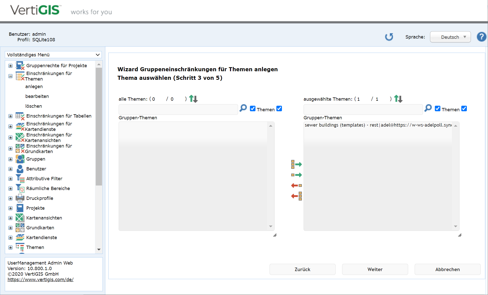 Anlegen Gruppeneinschränkungen für Themen - Schritt  3 Themen auswählen